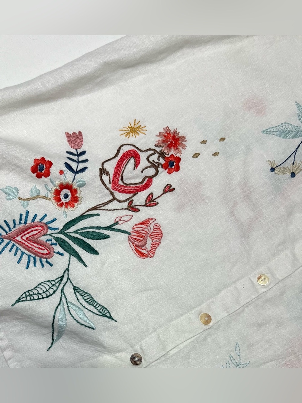 Johnny Was 100% Linen Embroidered Puff Sleeve Button Top White Size M - Picture 9 of 13